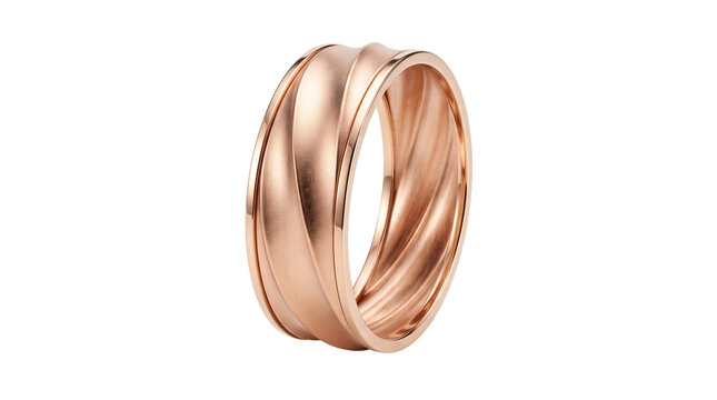 Rose gold wedding band with textured wave pattern, elegant copper jewelry ring, luxury bridal accessory on white background
