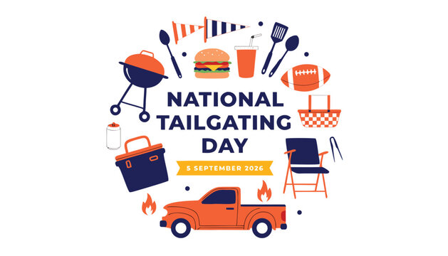 National tailgating day celebration graphic featuring barbecue food and sports items