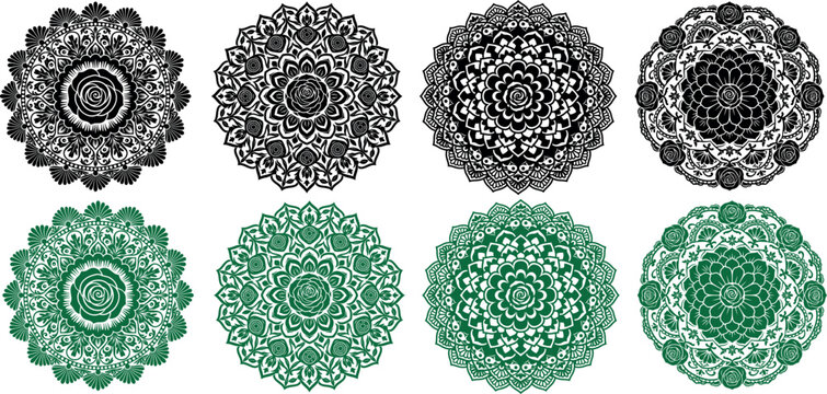 A collection of eight intricate circular mandala patterns featuring black and green decorative floral designs presented as an isolated object on isolated on transparent background