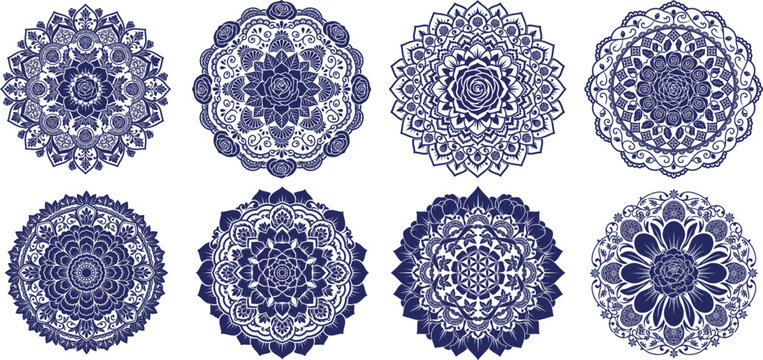 A collection of eight intricate blue circular mandala patterns featuring detailed geometric floral designs arranged in two rows and isolated on transparent background