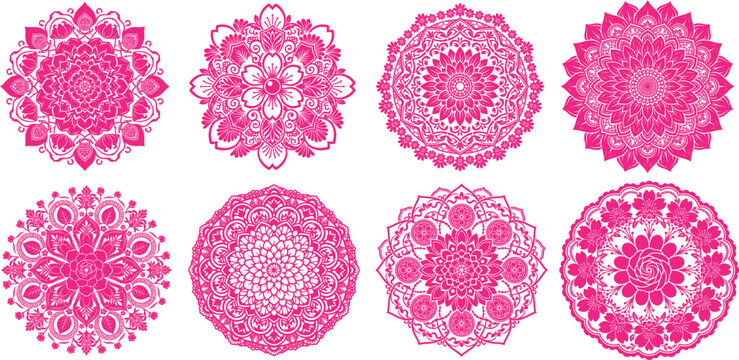 A collection of eight intricate pink circular mandala patterns featuring detailed floral and geometric designs presented as an isolated object on isolated on transparent background