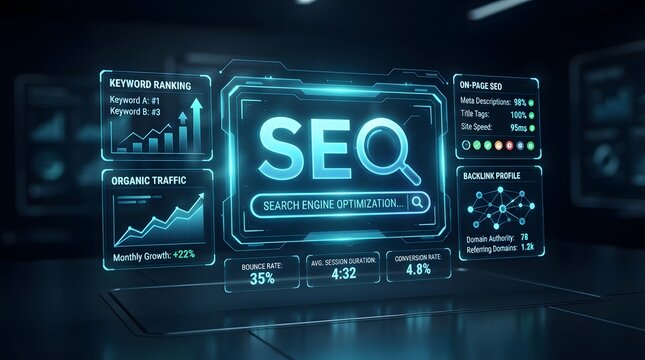 A futuristic digital display featuring advanced holography seo concepts with glowing data charts and interface elements designed for modern web marketing and search engine optimization