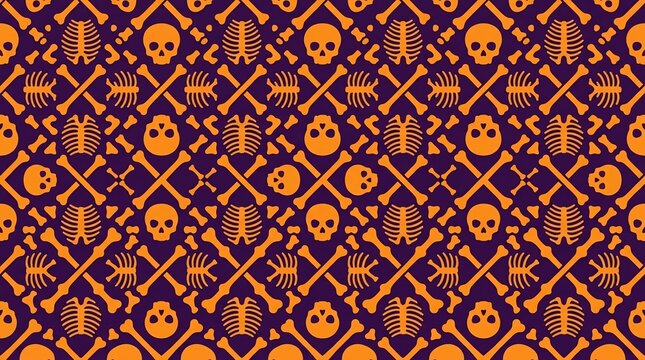 Orange skull and crossbones seamless pattern on purple background