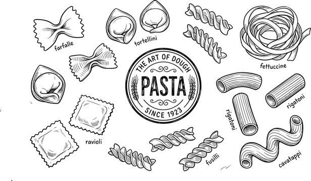Traditional Italian pasta varieties hand drawn sketch set with central logo emblem badge label text graphic design.eps