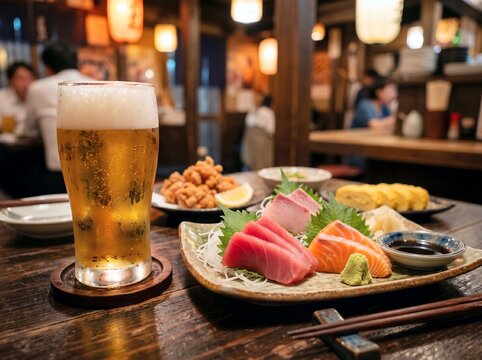 日本の居酒屋で冷たいビールと豪華な刺身を堪能