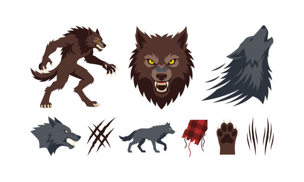 Werewolf transformations and wolf icons with claw marks on white background vector illustration