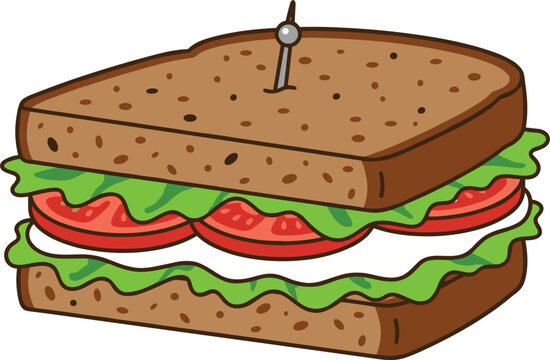 Delicious club sandwich with whole grain brown bread fresh lettuce tomato slices and toothpick vector cartoon icon.eps