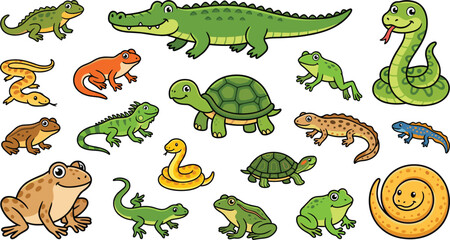 Obraz premium Cute Cartoon Reptiles and Amphibians Vector Clipart Set Featuring Crocodile Snakes Turtles Frogs and Lizards for Children Wildlife Education Designs