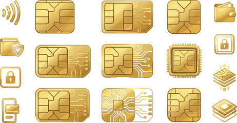 Golden Credit Card EMV Chip and Mobile Sim Card Icon Set with Golden Circuit Microchip Security Padlock Contactless Payment and Digital Electronic Technology Symbols © MDRipon