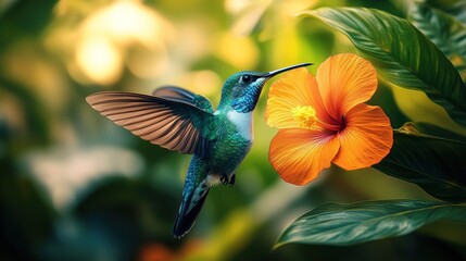 Naklejka premium Hummingbird sips nectar from hibiscus