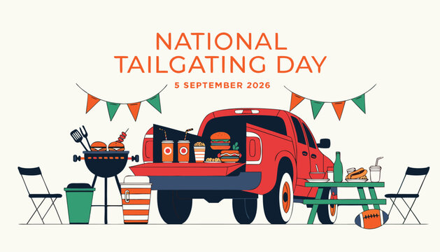 Red pickup truck celebrating national tailgating day with festive party decorations