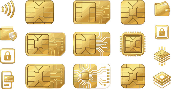Golden Credit Card EMV Chip and Mobile Sim Card Icon Set with Golden Circuit Microchip Security Padlock Contactless Payment and Digital Electronic Technology Symbols