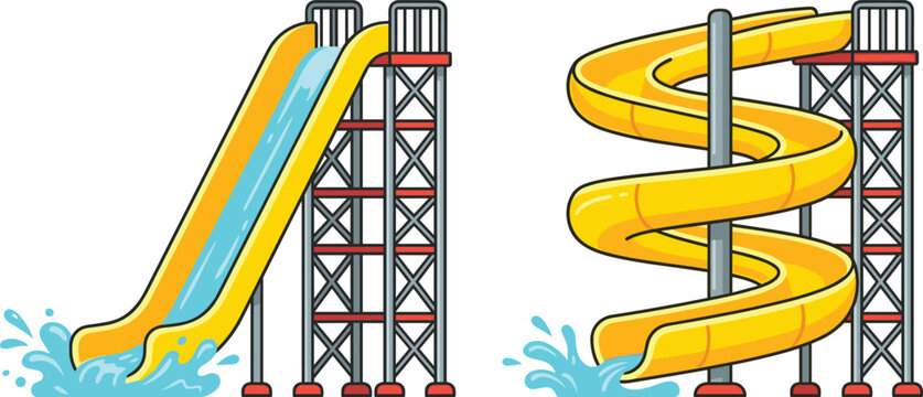 Water slide collection, aquatic amusement park attractions, colorful vector illustrations for summer recreation and entertainment facilities
