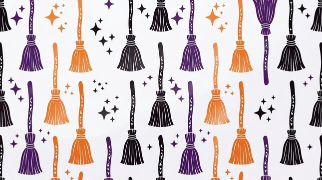 Colorful witch brooms and stars halloween seamless pattern