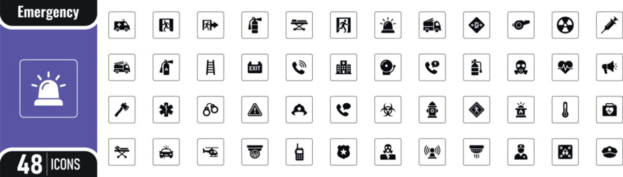 Emergency response solid icon set featuring safety rescue ambulance fire police evacuation alert siren firstaid medical security and warning icons