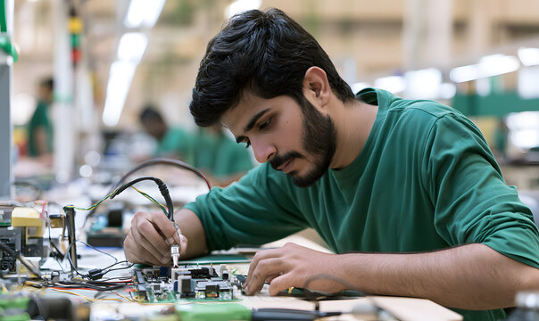 a young worker of Indian or Turkish background, wearing a green shirt, is assembling circuit boards on a production line in a factory, highlighting advancements in technology and electronics