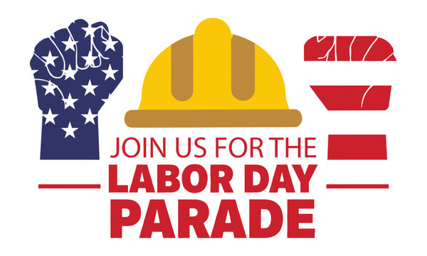 Labor Day parade invitation vector, patriotic American holiday banner, construction worker hard hat graphic