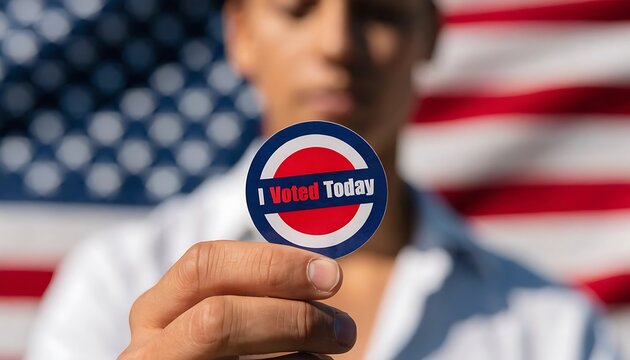 Person holding I Voted Today sticker in front of American flag for US election day voting