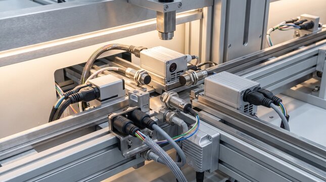 Industrial Sensors On Automated Production Line - Optical machine vision cameras and photoelectric sensors mounted on aluminum extrusion framing of manufacturing assembly line