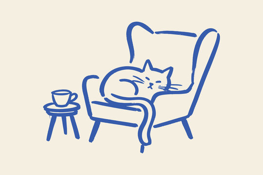 Sleeping Cat in Armchair Naive Style Vector Illustration