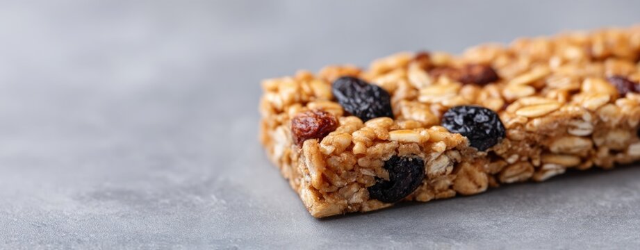 Granola bar with raisins and oats on grey surface with copy space for healthy snacking and natural nutrition concepts