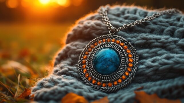 Jewelry pendant on knit blanket, autumnal sun