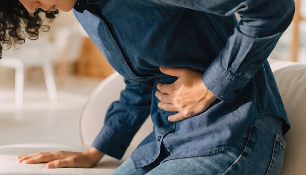 Woman suffering from severe abdominal pain and stomach ache at home