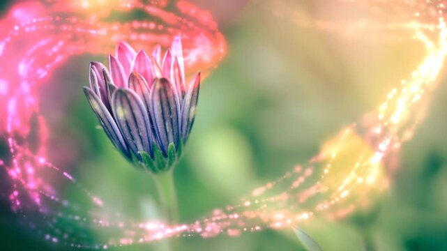 Close-up of vibrant purple and pink flowers illuminated by soft light.