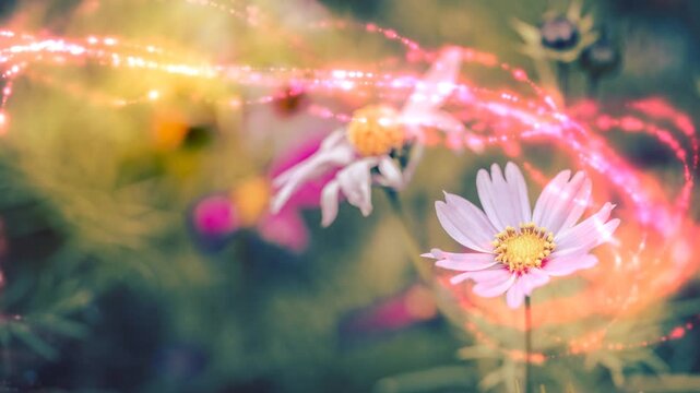 Vibrant close-up of bright white flowers with glowing orange light effects