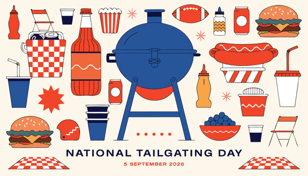 Flat vector illustration depicting various items for national tailgating day celebration