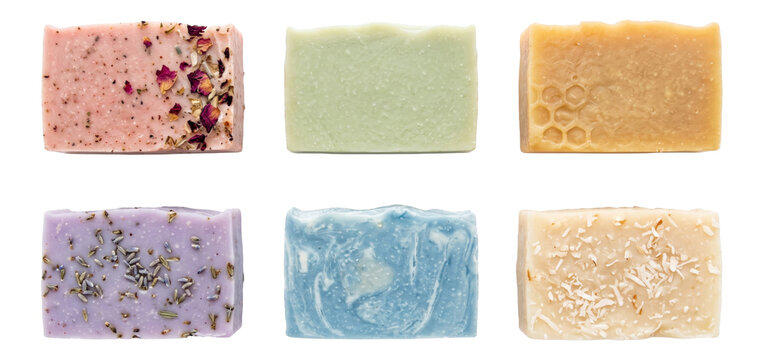 six handmade soap bars arranged together