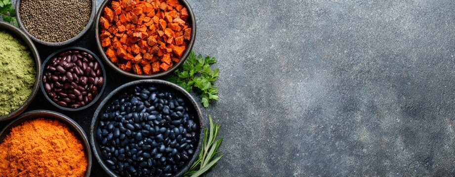Assorted legumes and spices in bowls with fresh herbs on rustic surface for healthy eating recipes and plant-based nutrition culinary background