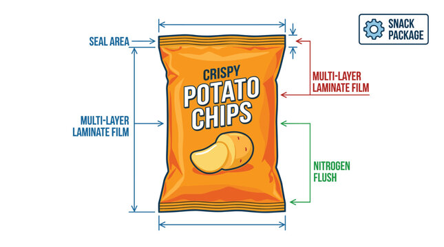 crispy potato chips snack package with dimensions