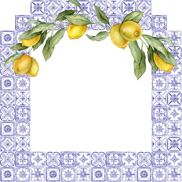 Square frame of traditional Portuguese azulejo tiles and Lemon branche. Blue Mediterranean ceramic traditions. Hand drawn watercolor illustration with citrus fruit branch green leave and white flowers