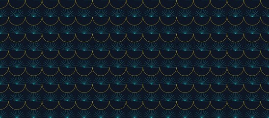 Dark blue and gold seamless pattern resembling dragon scales or fish scales. © Mamstock