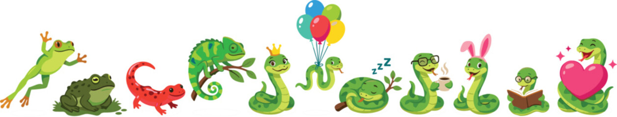 Fototapeta premium Cute Cartoon Snake and Reptile Character Vector Clipart Set Featuring Funny Snakes with Balloons Crown Heart and Coffee for Kids Designs