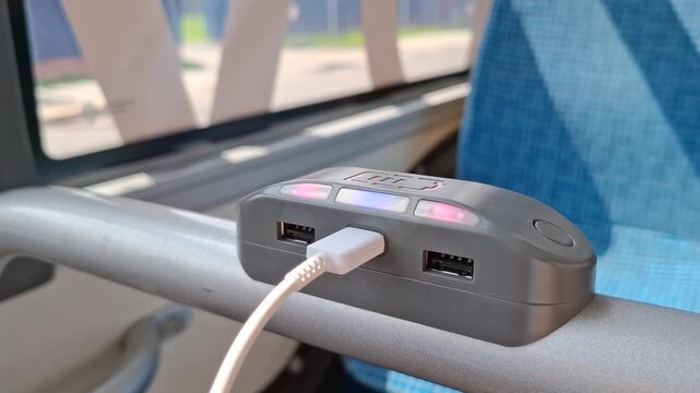 White USB cable hangs plugged into a grey charging port on a handrail inside a public bus, modern city transit service, passenger amenities.