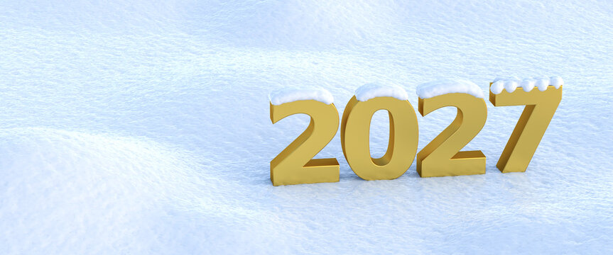 Happy New Year 2027 concept: The golden numbers 2027 snow-covered and standing in snow. Web banner