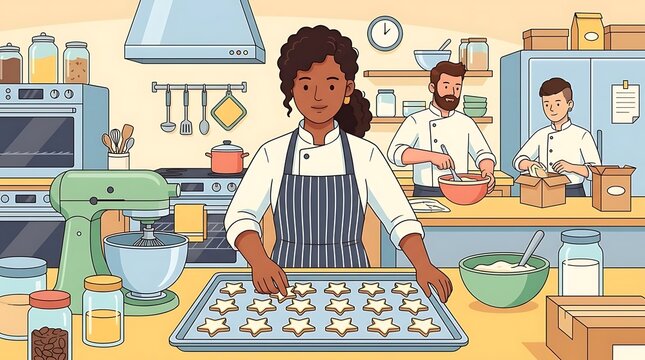Professional chefs baking cookies in a commercial kitchen.