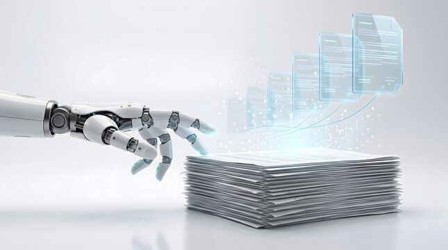 Robotic hand touching paper documents with floating holographic file icons. Concept of artificial intelligence document digitization and data automation.