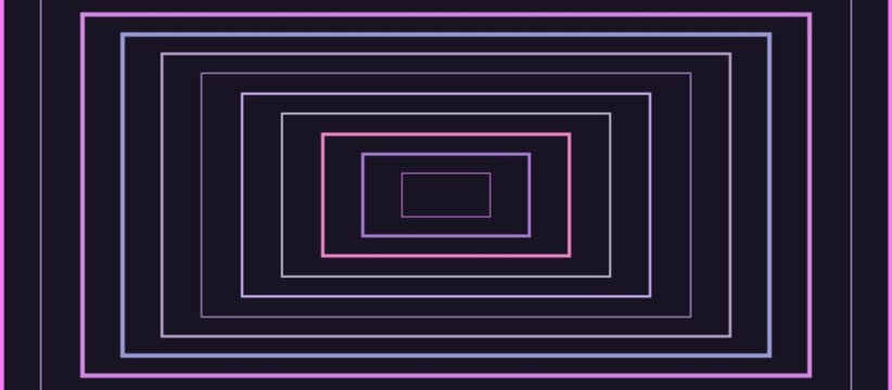 Abstract geometric background with concentric rectangles in neon pink and purple hues on a dark background.