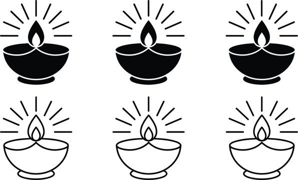 Traditional indian diwali oil lamps set with glowing fire flame icons isolated on clean white background