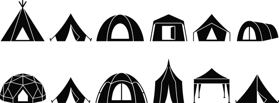 Camping tourist tents and outdoor survival shelter silhouette icon set featuring teepee dome canopy pavilion structures vector