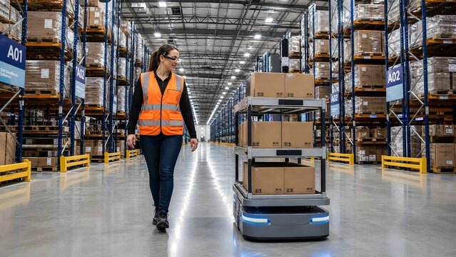 Female warehouse worker using smart glasses while walking with an autonomous robot in a modern logistics center
