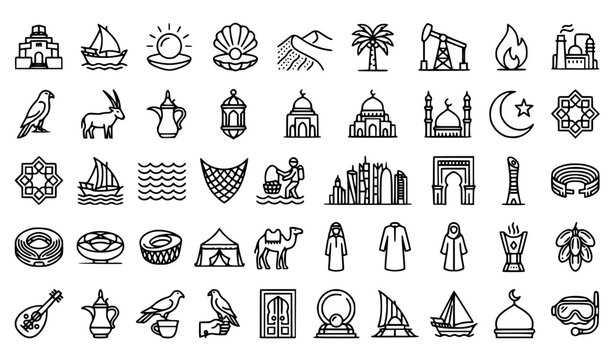 Qatar symbols line icon set with Museum of Islamic Art pearl oilfield dhow and cultural vector collection