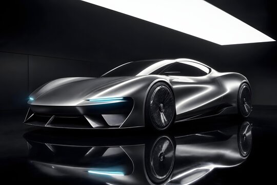 Sleek futuristic silver sports car displayed in a dark showroom studio with reflective floor for automotive advertising