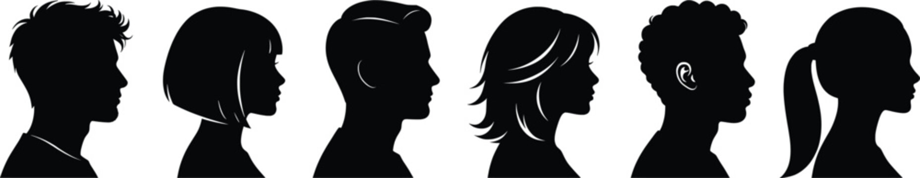 Minimalist profile silhouettes of diverse people, set of 6 human head vector icons, black side view portraits for social media and avatars