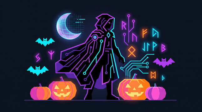 Halloween-themed vector illustration with jack o lanterns and fireflies
