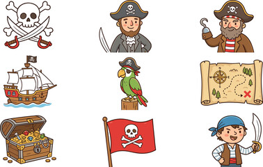 Cute pirate cartoon vector icon set featuring skull crossbones captain crew boy ship parrot treasure map and flag