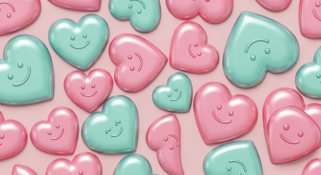 Teal and pink glossy heart smiley pattern